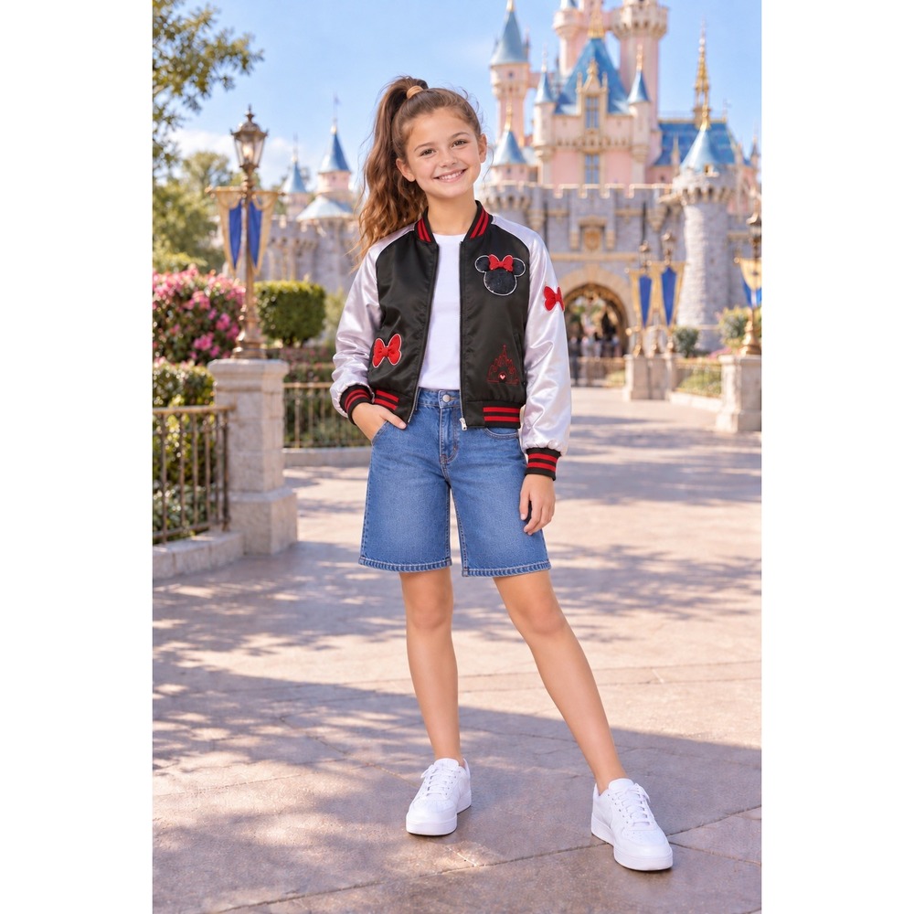 Walt Disney World Minnie Mouse Satin Bomber Jacket Black White Girls XL 14-16